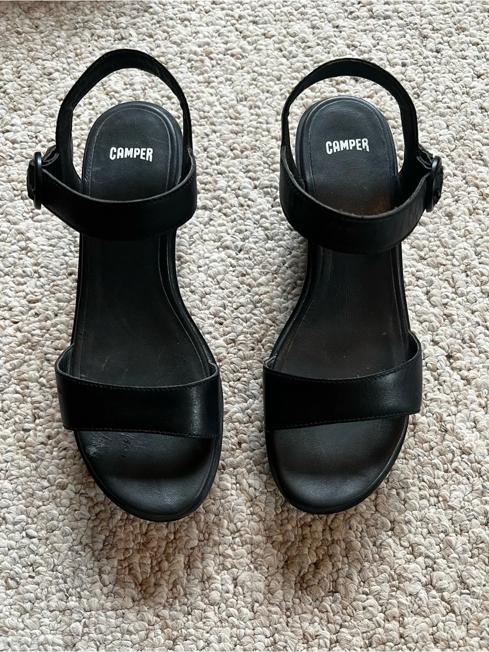Camper Black Leather Wedge Sandals with Buckle Strap